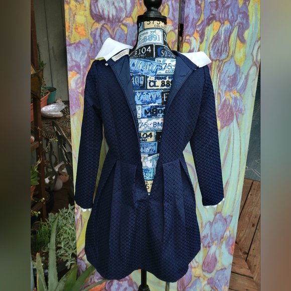 Jianshan Medium Mini-Dress Collared Swan Navy Blue Textured Party Dress - Picture 8 of 9